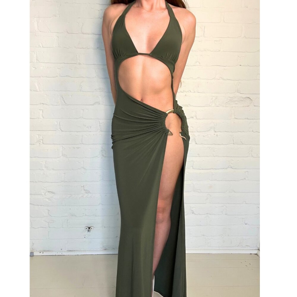 Cutout Olive High Slit Maxi Dress